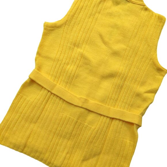 Vintage 1960s Bright Yellow Sleeveless Belted Knit Cardigan Sweater Vest Pockets - Picture 8 of 11